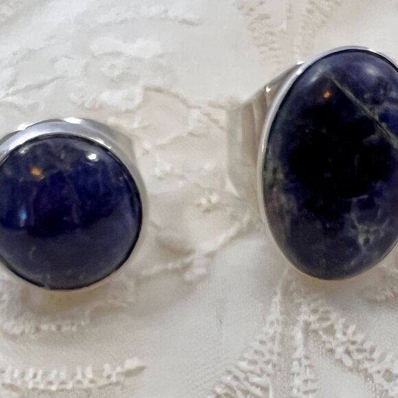 2 Rings Israel 925 Sterling Silver Lapis Lazuli Bezel Set Stones Adjustable Band - Picture 9 of 12